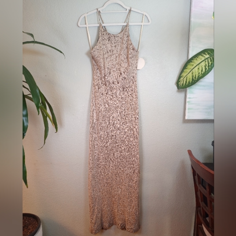 Vintage NWT Alchemy Shimmery Knit Overlay Lurex Gold Disco Crossback Maxi Dress